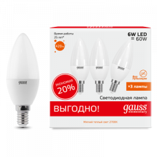 Лампа светодиодная LED 6Вт E14 220В 2700К Elementary свеча (3 лампы в упаковке) | 33116T | Gauss