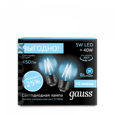 Лампа светодиодная LED 5Вт E27 220В 4100К шар (2 лампы в упаковке) | 105802205P | Gauss