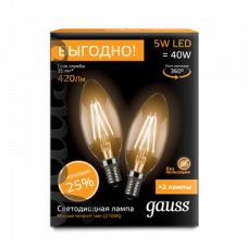 Лампа светодиодная LED 5Вт E14 220В 2700К свеча (2 лампы в упаковке) | 103801105P | Gauss