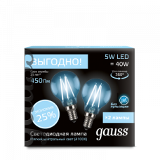 Лампа светодиодная LED 5Вт E14 220В 4100К шар (2 лампы в упаковке) | 105801205P | Gauss