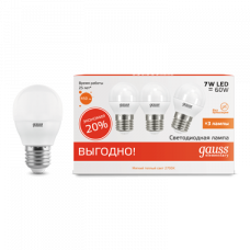 Лампа светодиодная LED 7Вт E27 220В 2700К Elementary шар (3 лампы в упаковке) | 53217T | Gauss