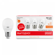 Лампа светодиодная LED 6Вт E27 220В 2700К Elementary шар (3 лампы в упаковке) | 53216T | Gauss