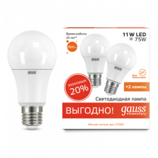 Лампа светодиодная LED 11Вт E27 220В 2700К Elementary (2 лампы в упаковке) | 23211P | Gauss