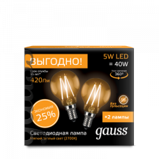 Лампа светодиодная LED 5Вт E14 220В 2700К шар (2 лампы в упаковке) | 105801105P | Gauss
