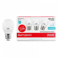 Лампа светодиодная LED 6Вт E27 220В 4100К Elementary шар (3 лампы в упаковке) | 53226T | Gauss