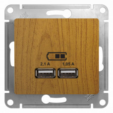 Glossa Дерево Дуб USB Розетка, 5В/2100мА, 2х5В/1050мА, механизм | GSL000533 | Schneider Electric