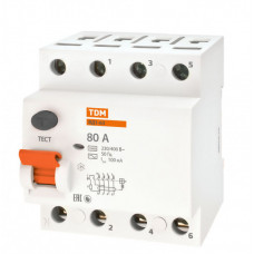 Выключатель дифференциальный (УЗО) ВД1-63 4п 80А 100мА тип AC | SQ0203-0045 | TDM